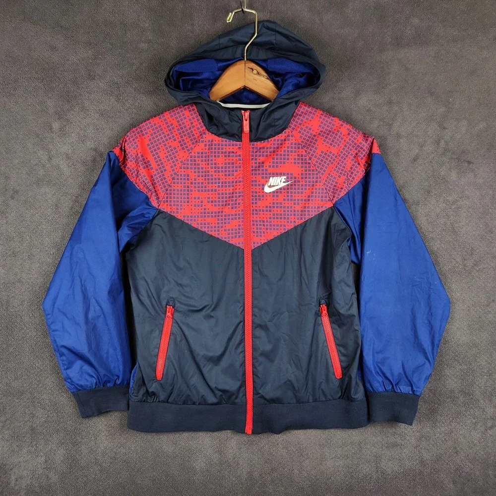 Nike Windrunner Hooded Windbreaker Jacket Kids Medium‎ Blue Red Pixel Print